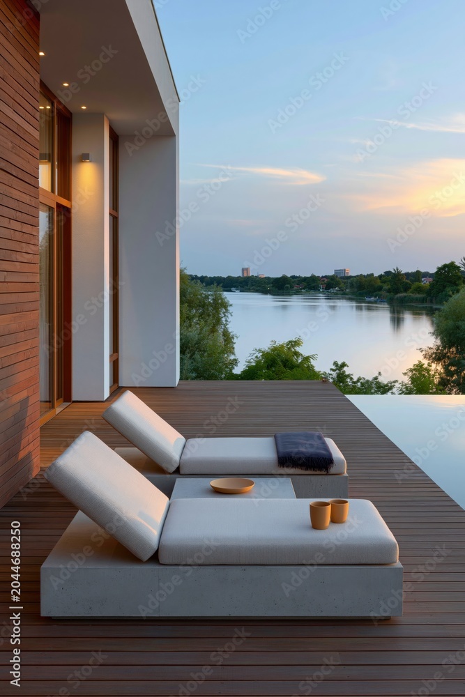 Fototapeta premium Contemporary waterfront terrace with paired sunbeds and infinity view for sunset banner and outdoor lifestyle design