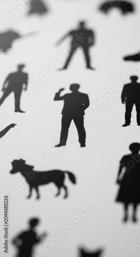 Silhouetted Figures and Animals on White Background, Symbolic Representation.