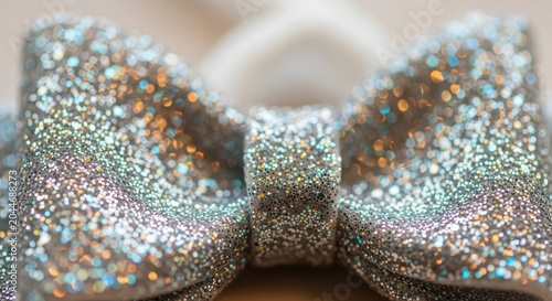 Sparkling Silver Glitter Bow Close-Up - Festive and Decorative Ornament.