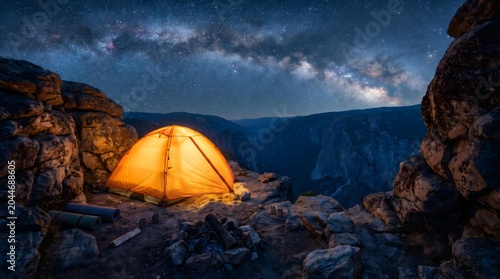 Illuminated tent on a rocky cliff under a starry night sky with a panoramic mountainous landscape.