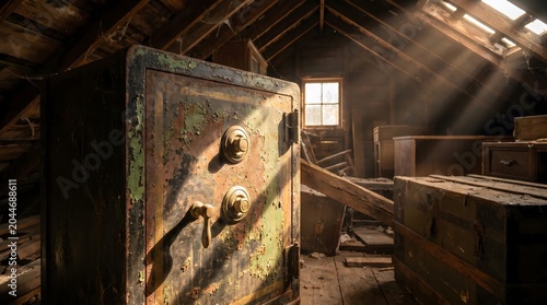 Rusty antique safe in a dusty attic illuminated by sunbeams coming through the roof window.