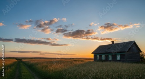 Tranquil Sunset Over a Rustic House in a Golden Field.