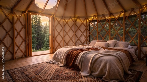 Natural interior of a cozy yurt, offering a serene retreat surrounded by nature and inviting warmth.