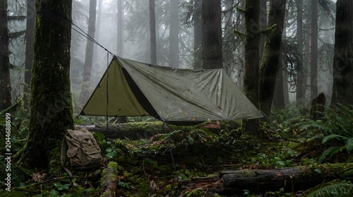 Tarp shelter and backpack in a misty forest with lush greenery and dense trees on a foggy morning.