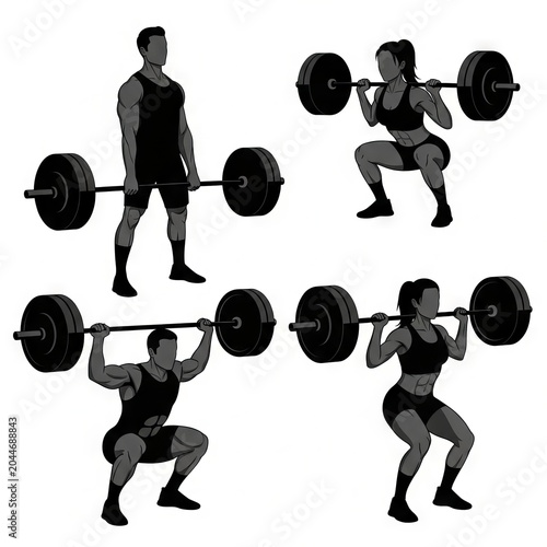 Male Weightlifting Silhouette Set Vector with Olympic Barbell Lifting Athletes Isolated on White Background