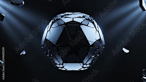 A futuristic, shattered soccer ball illuminated by dramatic spotlights against a dark, abstract background.