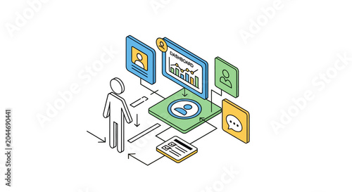 Isometric illustration of digital learning and technology setup.
