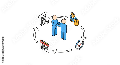 Illustrated continuous workflow process with two people and icons.