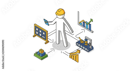 Isometric Character Managing Digital Business Technology Concepts.