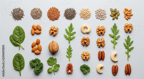 Variety of nuts and leaves arrangement.