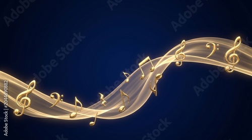 Golden Musical Notes Flowing on a Wavy Ribbon Against Blue