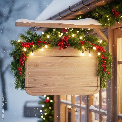 A charming wooden blank sign hangs outside a snowy winter shop, decorated with evergreen garlands, red berries, and glowing holiday lights, store, winter, greeting