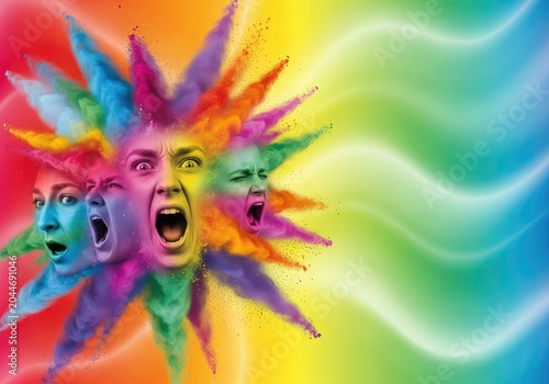 A dynamic burst of expressive faces formed from vivid pigment dust exploding against a brilliant, multi-layered background of colors, rainbow, dust, graphic