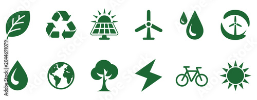 Foto Sustainability and Renewable Energy Icon Set for Environmental Awareness and Eco Branding, Climate Change Solutions, Green Design Concepts and Sustainable Energy Innovation Illustration
