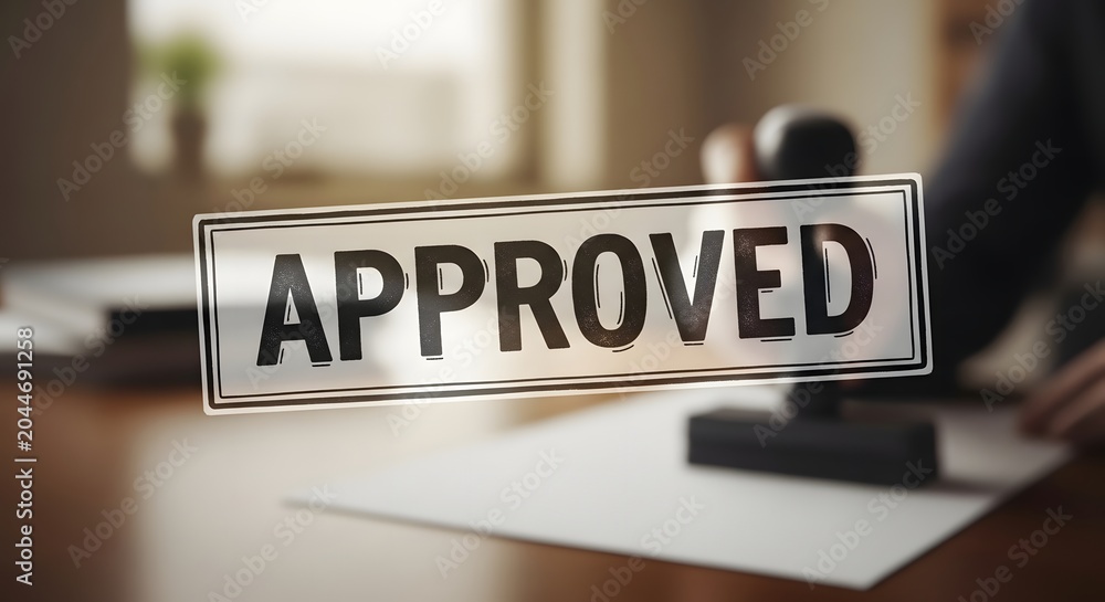 Fototapeta premium Approved stamp on signed document in professional office workspace with natural light