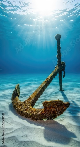 A heavy rusted iron anchor rests on the sandy sea bed as sunlight filters through deep blue water, blending stillness with hidden power, ship, abandoned, environment