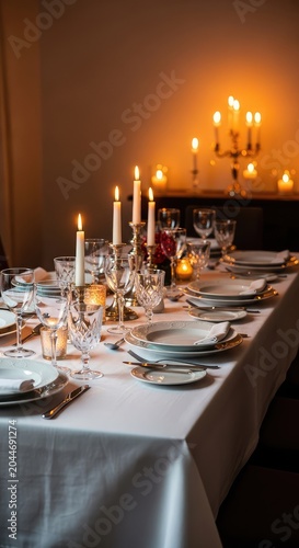 A lavish holiday dinner table features elegant white linens, sparkling crystal glassware, porcelain plates, and glowing candles in a warm room, centerpiece, glow, table