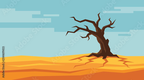 Obraz na płótnie Dead Tree Standing Alone in Dry Desertified Terrain