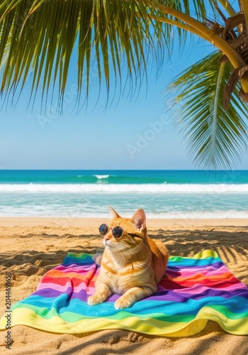 A stylish ginger cat wearing miniature sunglasses relaxes on a colorful beach towel under a palm tree as waves crash on the sandy shore, vacation, sand, animal