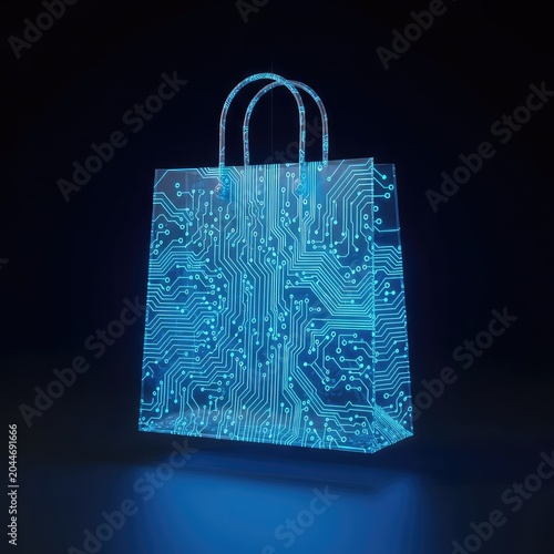 A translucent digital shopping bag glows with vibrant blue neon lights and intricate circuitry patterns against a sleek dark backdrop, concept, glowing, futuristic