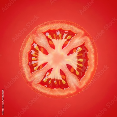 A vibrant cross-section of a fresh sliced tomato displays juicy seeds and rich textures against a bold monochromatic red background, macro, monochrome, organic
