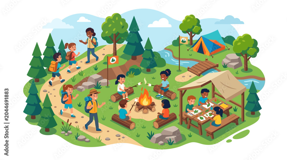 Naklejka premium colorful cartoon illustration of people camping outdoors with campfire and activities