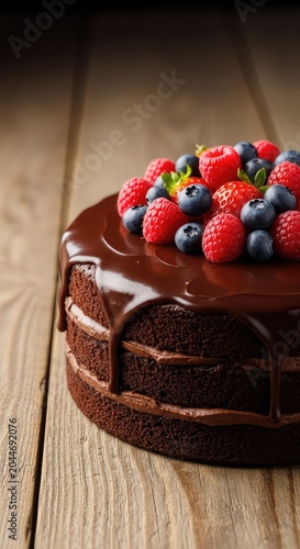 Decadent dark chocolate layer cake topped with a rich ganache and fresh raspberries, strawberries, and blueberries on a rustic wooden table, fresh, dark chocolate, indulgence