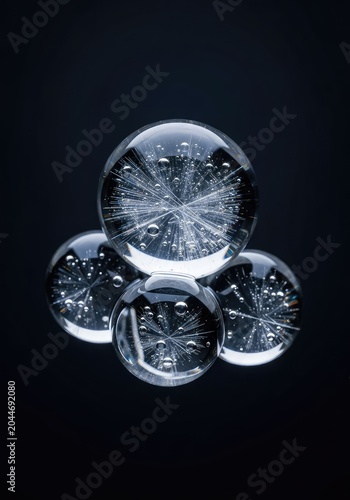 Detailed closeup of translucent water beads on a dark background, highlighting crystalline patterns and elegant light reflections on surface, macro, bokeh, moisture