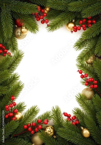 Elegant Christmas frame featuring green pine branches, red berries, and gold ornaments around a central white space for copy or photos, christmas, baubles, evergreen