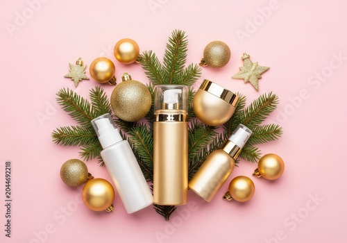 Elegant beauty products arranged with festive gold ornaments and evergreen branches on a pastel pink backdrop for a holiday celebration, shiny, makeup, elegant