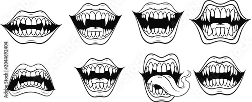 Photos Variety of cartoon vampire mouths with sharp teeth and fangs on a white backgrou