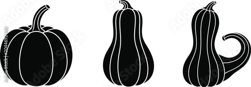 Foto Black silhouettes of three different gourds on a white background for autumn and