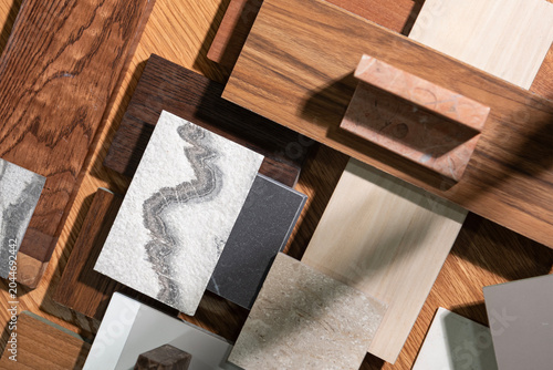 Interior Design Material Mood Board with Natural Wood, Stone, and Marble Samples