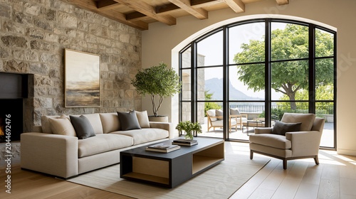 high end residential interior design featuring neutral sofas and large framed landscape windows