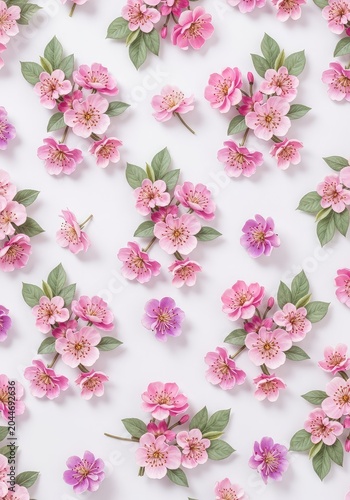 Elegant seamless pattern featuring delicate pink and purple blossoms with soft green leaves, perfect for wallpaper, textile, or stationery, pattern, background, beauty