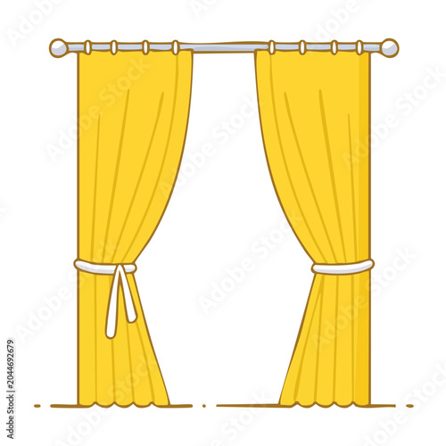 Yellow curtains tied back on a rod