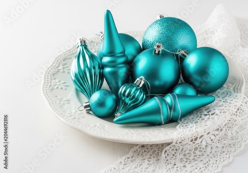 Elegant teal Christmas ornaments on a white ceramic plate with delicate lace accents create a sophisticated winter holiday home decoration, textile, fabric, still life
