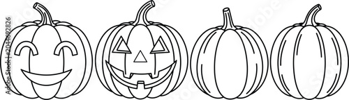 Fotografía Four black and white line art pumpkins in varying stages of carving for hallowee