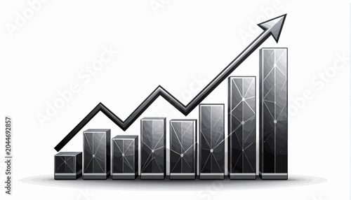A growing bar chart with an upward trend line and arrow pointing upwards on a white background with gray bars