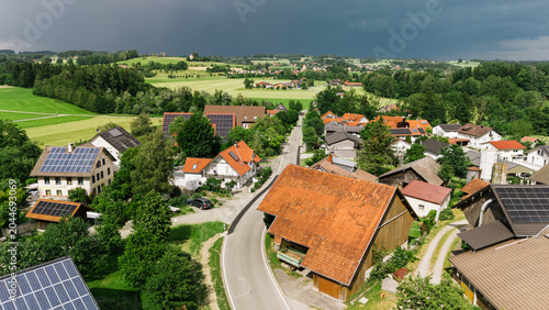 Aerial view of traditional Bavarian village with red tile roofs