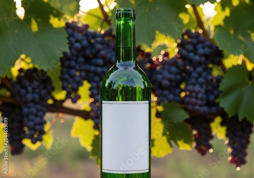 Garrafa de vidro verde elegante com rótulo branco limpo posicionada em destaque diante de videiras carregadas sob a luz suave do entardecer, sun, soil, outdoors