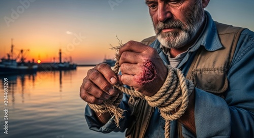 Weathered Fisherman Tying Rope at Sunset Harbor.