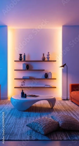 Modern living room featuring unique artistic furniture, sculptural coffee table, floating wooden shelves, bold textures, and warm lighting, lifestyle, unique, table