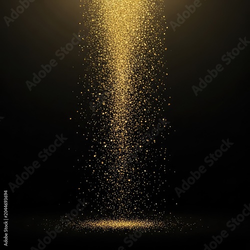 Shimmering golden particles descend gracefully against a deep black backdrop, creating a magical and festive atmosphere for celebrations, overlay, confetti, glamour