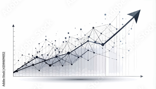 A rising graph with a network of connected points and lines shows business growth