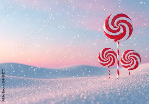 Vibrant red and white candy swirls stand tall in a dreamlike frozen landscape with sparkling snowflakes falling under a soft pastel twilight, ethereal, celebration, background