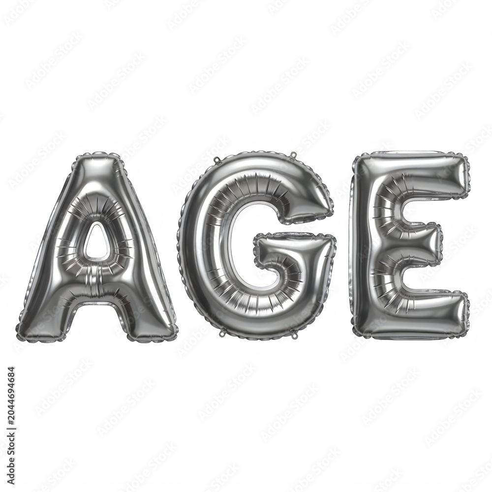 Silver balloons spelling out 'AGE' isolated on transparent background