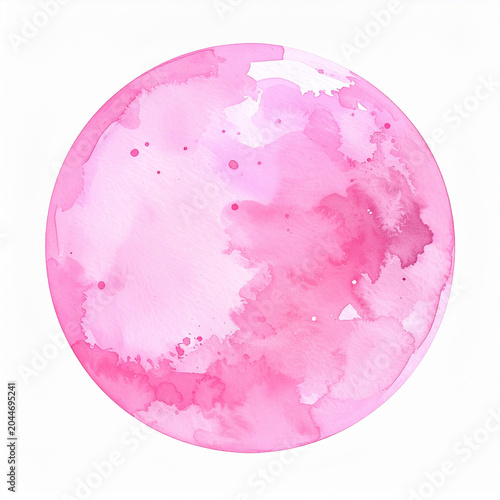 Watercolor illustration of pink planet floating in space, isolated on white background, galaxy and universe concept, soft brush strokes, minimal composition.