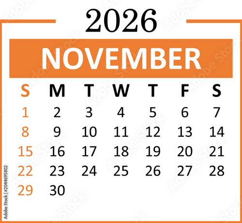 November 2026 Calendar template illustration