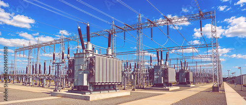 Electrical substation transformers outdoor blue sky